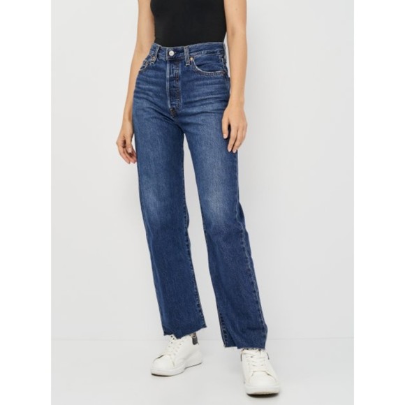 Levis Premium Womens Ribcage Straight Ankle Denim Jeans 28 Dark Blue Baggy New